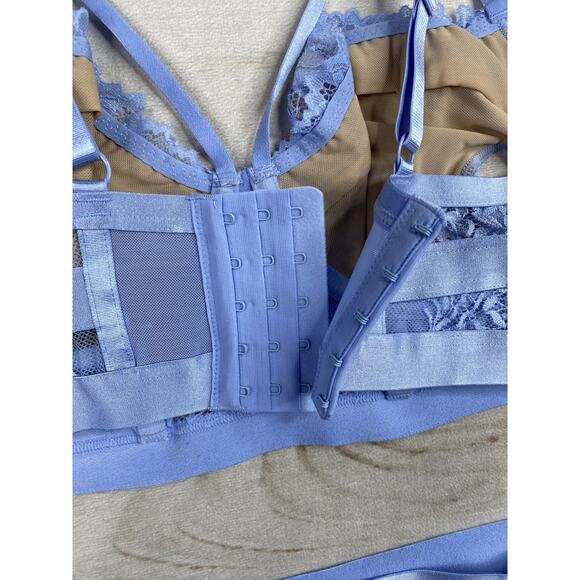 Torrid Bra Panty Set 00 L Blue Retro Ribbon Cutout Serenity Underwire Strap NWT - Picture 7 of 14